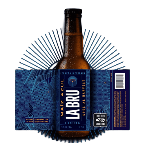 A refreshing LA BRU Cream Ale served in a chilled glass, showcasing its smooth texture and creamy head, with subtle notes of blue corn and a backdrop that reflects the vibrant essence of Mexican culture.