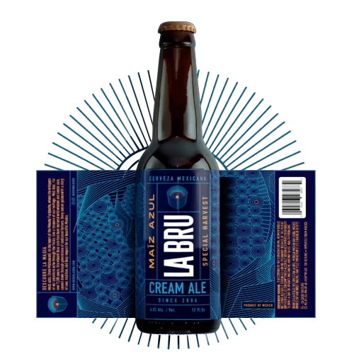 A refreshing LA BRU Cream Ale served in a chilled glass, showcasing its smooth texture and creamy head, with subtle notes of blue corn and a backdrop that reflects the vibrant essence of Mexican culture.